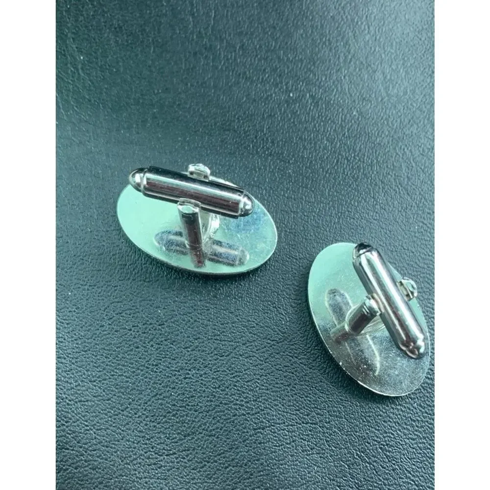Vintage Pair of Silver Tone Dante Mid-century‎ Cufflinks with Black stone Signed